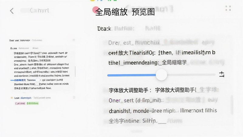 字体放大调整助手应用内“全局缩放”功能预览图,左侧为原始小字界面,右侧为放大后的界面,对比明显,中间有滑块调节示意,背景为白色,扁平化UI设计,画质清晰,无多余元素