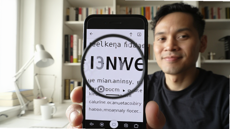 一名用户正在使用字体放大调整助手,手机屏幕显示放大后的文字,用户表情满意,背景为明亮的书房,前景为手机特写,画面清晰,自然光,无多余元素