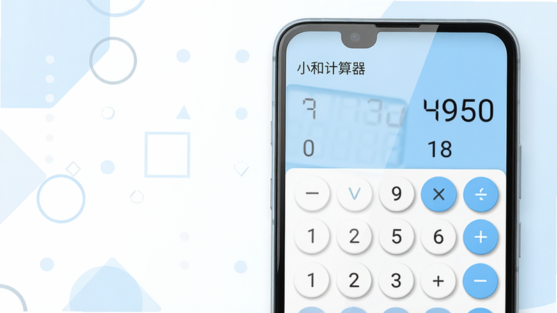 主体:一部运行小和计算器应用的安卓手机特写,屏幕清晰显示简洁的计算器界面,界面以白色为底,按键圆润,数字与符号显示清晰。布局:手机位于画面中央偏右,左侧留白并配有淡雅的几何图形装饰,整体呈现平视角度。排版:手机屏幕中的计算器界面占据视觉中心,界面顶部显示计算结果,下方为数字按键区,布局规整。风格:现代简约,扁平化设计,色彩以浅蓝和白色为主,符合工具类应用的清新感。细节:屏幕反光自然,按键带有微弱的阴影效果,界面左上角有“小和计算器”字样。画质:高清渲染,干净无多余元素,分辨率2048x1536。