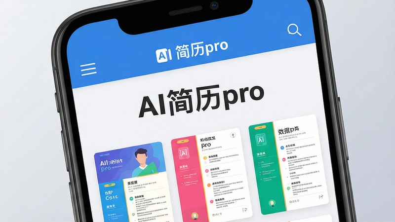 一张智能手机屏幕特写,屏幕正中间清晰显示“AI简历pro”的APP界面,界面上方是简洁的蓝色工具栏,下方是几个色彩鲜明的简历模板缩略图,整体布局扁平化设计,背景为柔和的浅灰色渐变,突出APP的现代感与专业感,画面干净无多余元素,高清画质