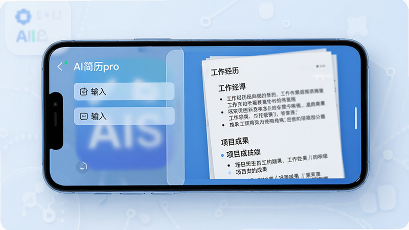 一张“AI简历pro”手机应用界面的俯视图,屏幕展示AI自动生成简历的过程,左侧是输入框,右侧是实时生成的简历预览,文字内容为“工作经历”和“项目成果”,背景应用了毛玻璃效果,整体色调为科技蓝,干净整洁,画质高清