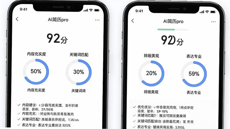 一张“AI简历pro”手机截图,屏幕显示一份简历的评分页面,分数为“92分”,下方是四个维度的环形评分图,分别是“内容充实度”、“关键词匹配”、“排版美观”和“表达专业”,下方有具体的优化建议列表,整体UI设计简洁清晰,画质高清