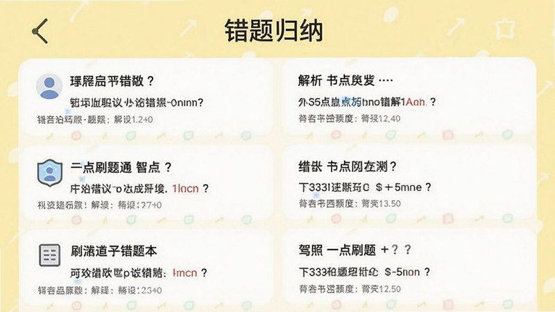驾照一点刷题通APP错题本界面,列出多道错题及解析,顶部有“错题归纳”标题,背景为淡黄色,界面清晰,画质干净。
