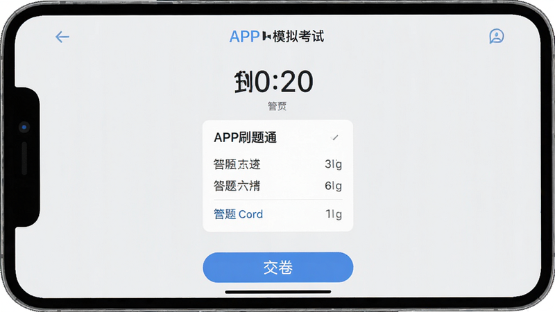 驾照一点刷题通APP模拟考试界面,显示倒计时和答题卡,底部有交卷按钮,背景为浅灰色,界面布局专业,画质干净,无多余元素。
