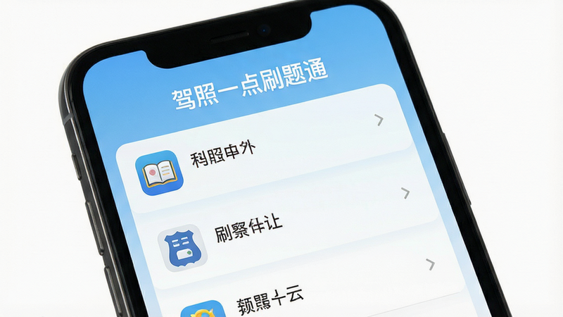 一张手机屏幕展示驾照一点刷题通APP界面的高清图片,主界面显示科目一题库列表,顶部有“驾照一点刷题通”字样,背景为浅蓝色渐变,界面布局简洁,图标清晰,画质干净,无多余元素。