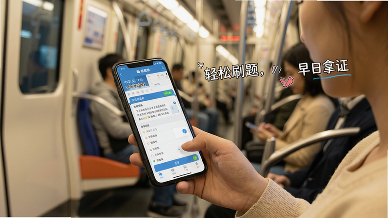 一张展示驾照一点刷题通APP使用场景的图片,用户正在地铁上使用手机刷题,手机屏幕显示题库界面,旁边有“轻松刷题,早日拿证”字样,画面温馨自然,画质干净。