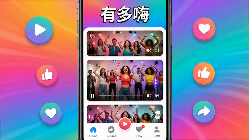 主体:一款名为“有多嗨”的安卓娱乐应用界面,手机屏幕占据画面主要位置。布局:手机居中,背景为动态多彩渐变,周围有悬浮的播放按钮、点赞图标、分享符号。排版:手机屏幕内展示竖版短视频列表,封面图色彩鲜艳,标题文字“有多嗨”置于屏幕上方。风格:现代扁平化结合微拟物,整体明亮活泼。细节:屏幕中播放着欢乐的人群跳舞视频,界面下方有清晰的导航栏,图标圆润。画质:超高清,干净,无多余元素。