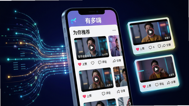 主体:智能推荐算法示意图,以手机界面为展示核心。布局:手机屏幕放大居中,左侧有数据流线条汇聚到手机,右侧展示推荐内容卡片。排版:屏幕内显示“为你推荐”栏目,下方是多个视频缩略图,每个缩略图下方有“点赞”“评论”“分享”小图标。风格:科技感与活力结合,色彩明快。细节:数据流线条带有发光效果,推荐卡片边缘有微光晕,手机顶部显示“有多嗨”logo。画质:高清,干净,无多余元素。