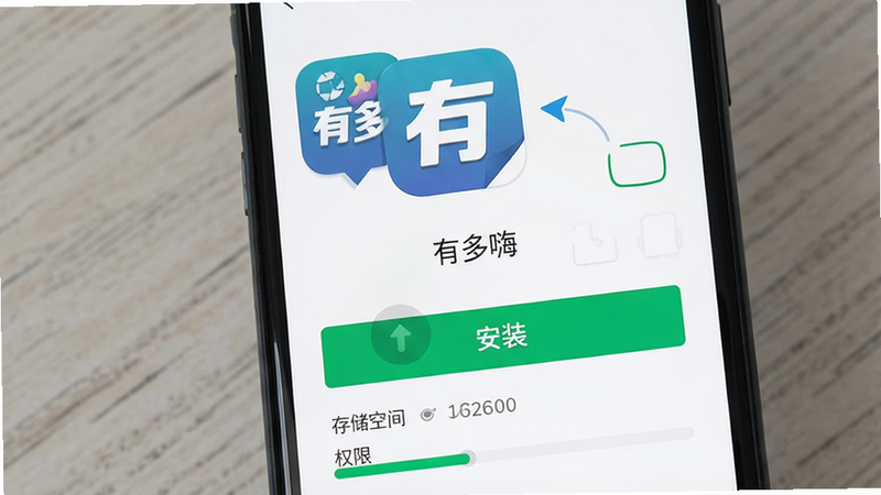 主体:安装“有多嗨”应用的手机画面。布局:手机屏幕展示应用安装界面,有“安装”按钮。排版:屏幕上显示应用图标和名称“有多嗨”,下方有“存储空间”和“权限”说明。风格:简洁清晰。细节:图标醒目,安装进度条可见。画质:高清,干净,无多余元素。
