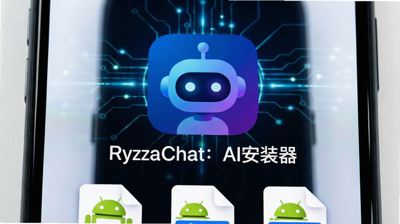 һ�Ÿ���������ֻ���Ļ��д����Ļ��������ʾ�š�RyzaChat��AI��װ������Ӧ��ͼ������ƣ�ͼ�����Ϊ����ɫ����Ļ�����ͷ�񣬱����Ǽ��ĿƼ��й�Ч���ֻ��·��ڷ��ż���������APK�ļ�ͼ�꣬��ʾ�䰲װ���ܡ����岼�ָɾ������η��������ʸ��壬�޶���Ԫ�أ�ͻ���������ơ�RyzaChat��AI��װ�������Ӿ����ĵ�λ��