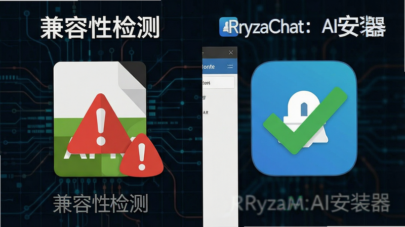 һ���Ա�ͼ������Ǵ��к�ɫ�����־��APK�ļ�ͼ�꣬�Ҳ��Ǵ�����ɫ�Թ��ġ�RyzaChat��AI��װ�������档���ֲ������ҶԳƵ��Ű棬���Ϊ��ƽ���ִ�UI��ơ�ͼƬ��������ʾ���֡������Լ�⡱������Ϊ��ɫ��������ϸ�ڷḻ�����������ɾ����޶���Ԫ�ء�