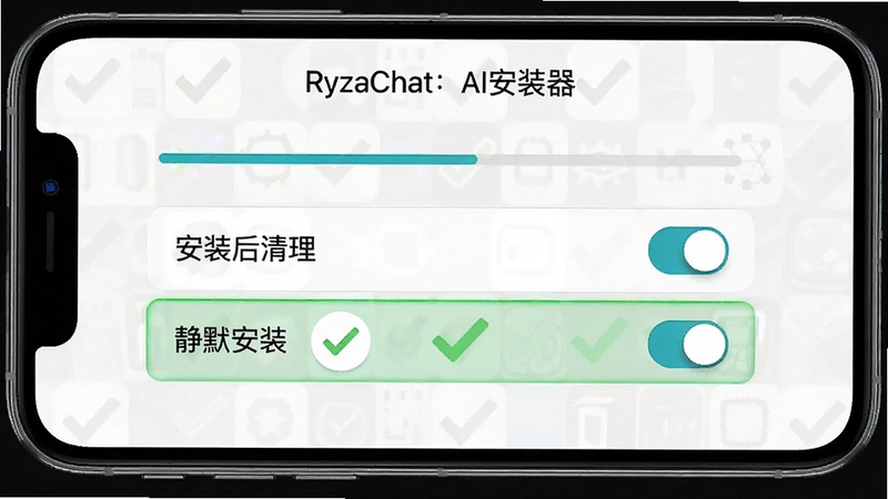 һ���ֻ���ͼ����ʾ��RyzaChat��AI��װ���������ý��棬���С���װ���������͡���Ĭ��װ��ѡ�����ѡ�У�����Ϊ��ɫ�Թ�ͼ�ꡣ�Ű�Ϊ���½ṹ�����Ϊ������APP�����ͼ��ϸ�ڰ����������Ϳ��ذ�ť�����ʸ��壬�޶���Ԫ�ء�