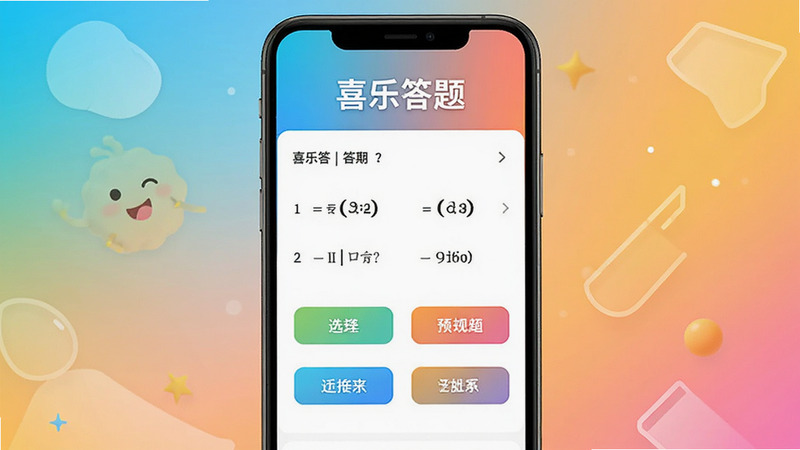 喜乐答题主界面预览图,展示手机屏幕上的答题页面,顶部显示“喜乐答题”字样,下方为一道选择题和四个选项按钮,背景采用明亮的渐变色,整体风格简洁现代,画质干净无多余元素