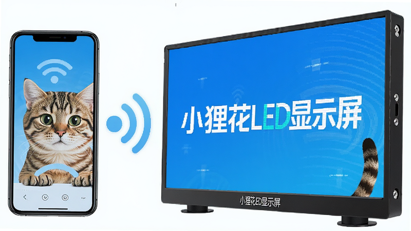 һ��չʾС�껨LED��ʾ���������ߴ��书�ܵ�ʾ��ͼ��������һ̨�ֻ���һ��LED��Ļͨ�������ź����ӣ�����Ϊ���ҹ�ͼ���ֻ�����࣬��Ļ���Ҳ࣬�м���Wi-Fiͼ�꣬���Ϊ�Ƽ��в廭���ϸ������ʾ��С�껨LED��ʾ�����������źŲ��ƣ����ʸ��壬�ɾ����޶���Ԫ�ء�
