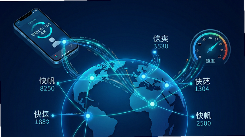 主体:一幅展示“快帆”软件智能线路选择界面的概念图,画面中央是一个抽象的地球,上面分布着多个发光的节点,线条连接着用户手机与最近的优选节点。布局:地球位于画面中央偏下,手机界面悬浮于左上角,显示着“智能优选:已连接”字样,右侧有实时速度仪表盘。排版:节点名称与延迟数值以极简的字体排列在地球周围,清晰易读。风格:深蓝色科技背景,配以霓虹蓝与青色高光,未来感十足。细节:代表数据的流光线条在地球与手机之间穿梭,暗示数据传输的快速与稳定。画质:高分辨率渲染,图形边缘锐利,画面干净整洁,无多余元素。