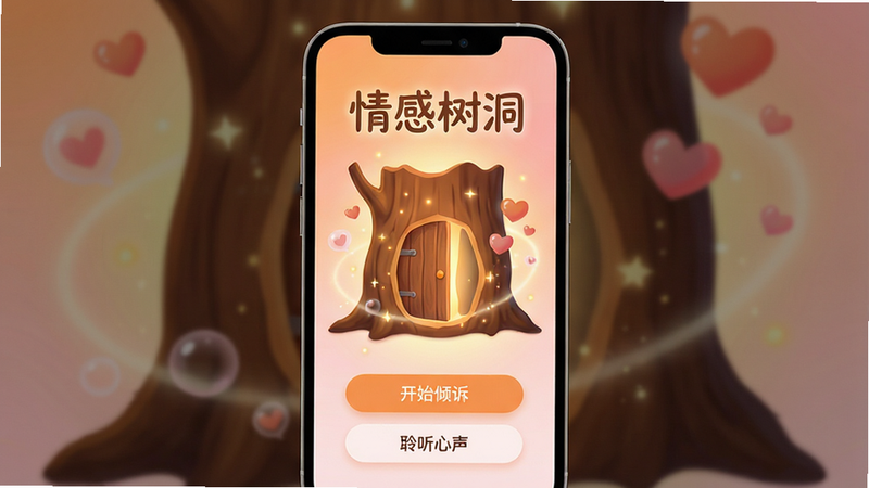 主体:一款名为“情感树洞”的手机应用界面展示,屏幕中有一个温馨的树洞图形,周围环绕着柔和的光晕和漂浮的爱心气泡。布局:手机屏幕居中,左右两侧有模糊的暗色背景,突出应用界面。排版:界面显示“情感树洞”大字标题,下方有“开始倾诉”和“聆听心声”两个按钮,布局简洁明了。风格:温暖治愈系,插画风格,色彩以暖橙色和淡粉色为主,搭配柔和的渐变背景。细节:树洞图形上有一扇小门,门缝中透出微光,周围有星星点点的光斑,营造出神秘而安心的氛围。画质:高分辨率,画面干净,无多余元素。