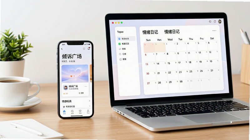 主体:一部智能手机和一台笔记本电脑并排摆放,屏幕上都显示“情感树洞”应用界面。布局:手机位于左侧,电脑位于右侧,背景是简洁的工作台。排版:手机屏幕上显示“倾诉广场”,电脑屏幕上显示“情绪日记”日历。风格:现代科技感,色彩以白色和木色为主,光线明亮。细节:桌面上有一杯咖啡和一个小绿植,增加生活气息,画面干净。画质:高分辨率,画面干净,无多余元素。