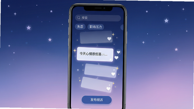 主体:手机屏幕上展示“情感树洞”匿名倾诉广场的界面,背景是柔和的星空渐变。布局:屏幕中央有一条动态的倾诉卡片流,卡片上写着“今天心情很低落……”,旁边有回复和点赞图标。排版:顶部有搜索栏和话题标签,如“失恋”、“职场压力”,底部有“发布倾诉”的悬浮按钮。风格:清新简约,扁平化设计,色彩以深蓝和淡紫为主,营造宁静的夜空感。细节:卡片边缘有微光效果,模拟星星闪烁,界面干净无多余元素。画质:高分辨率,画面干净,无多余元素。