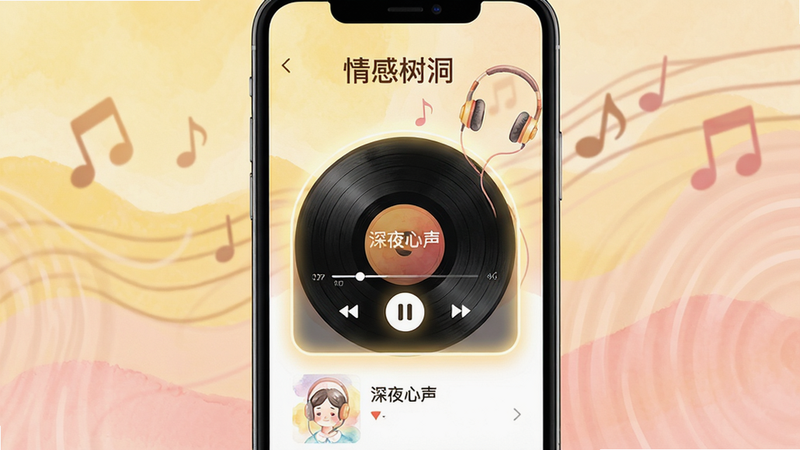 主体:手机屏幕上播放“情感树洞”树洞电台的界面,一个耳机和音符的插画。布局:屏幕中央是播放器面板,显示当前播放的节目名称“深夜心声”,下方有播放/暂停、上一首、下一首按钮。排版:节目列表以竖向列表呈现,封面图是柔和的水彩画风格。风格:温暖治愈系,色彩以暖黄色和淡粉色为主,背景有缓慢流动的波纹。细节:播放器面板有微光晕效果,模拟黑胶唱片质感,界面干净。画质:高分辨率,画面干净,无多余元素。