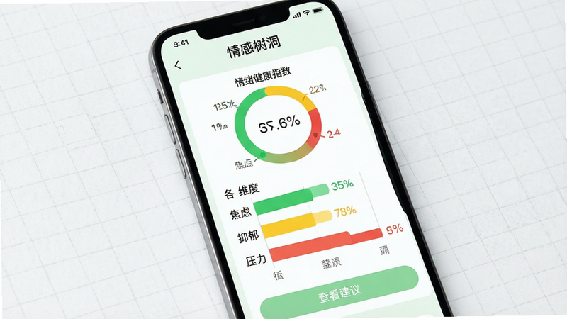 主体:手机屏幕上显示“情感树洞”心理测评结果页面,以图表形式展示情绪状态。布局:屏幕上方是“情绪健康指数”环形图,下方是各维度的条形图,如“焦虑”、“抑郁”、“压力”。排版:数据标签清晰,有绿色、黄色、红色三种状态指示。风格:现代医疗风格,简洁专业,以白色和浅绿色为主,背景有细微的网格纹理。细节:图表下方有“查看建议”按钮,整体界面干净,无多余元素。画质:高分辨率,画面干净,无多余元素。