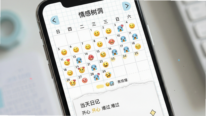 主体:手机屏幕上展示“情感树洞”情绪日记的日历视图,每个日期上有不同颜色的表情符号。布局:屏幕上方是月份切换箭头,中间是日历网格,下方是当天日记的预览卡片。排版:日历中情绪标记图例清晰,如“开心”为黄色笑脸,“难过”为蓝色哭脸。风格:简洁手账风,色彩清新,以白色、淡蓝色和淡黄色为主,背景有淡淡的网格纸纹理。细节:日记卡片有撕纸效果,模拟纸质手账,界面干净。画质:高分辨率,画面干净,无多余元素。