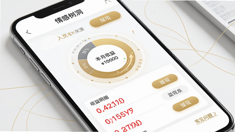 主体:手机屏幕上显示“情感树洞”的收入页面,有“本月收益”和“提现”按钮。布局:屏幕中央是一个圆形图表,显示收入来源占比,下方有收益明细列表。排版:金额以红色大字显示,旁边有“提现”按钮,底部有“常见问题”链接。风格:简洁商务风,色彩以白色和金色为主,背景有淡色线条装饰。细节:图表上有动态数据流效果,画面干净。画质:高分辨率,画面干净,无多余元素。