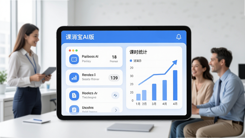 主体:课消宝AI版的软件界面展示在平板或手机屏幕上,背景是明亮的现代办公室,有老师和家长在轻松交流。布局:屏幕居中,界面清晰显示课程列表和课时统计图表,周围留白。排版:界面采用卡片式布局,图标圆润,文字简洁。风格:扁平化设计,色彩以蓝色和白色为主,给人专业可信赖的感觉。细节:屏幕上有“课消宝AI版”字样,图表显示消课数据上升趋势。画质:高清渲染,画面干净,无多余元素。