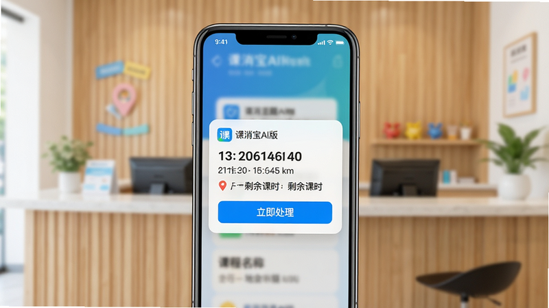 主体:手机屏幕展示课消宝AI版的消课提醒通知,背景是机构前台。布局:手机居中,通知卡片弹出,显示课程名称和剩余课时。排版:通知内容简明扼要,有“立即处理”按钮。风格:写实风格,色彩明亮。细节:通知上有“课消宝AI版”字样,时间、地点清晰。画质:高清,干净无杂物。