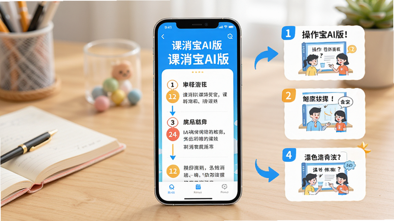 主体:手机屏幕显示课消宝AI版的使用教程页面,旁边有操作步骤图示。布局:手机居中,背景是书桌。排版:步骤清晰,有箭头指示。风格:教程风格,色彩明快。细节:屏幕上有“课消宝AI版”字样,步骤图有数字标注。画质:高清,干净整洁。