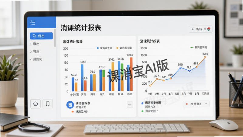 主体:课消宝AI版的报表导出页面,显示各类图表和数据,背景是办公桌。布局:报表居中,左侧有导出选项。排版:柱状图、折线图清晰,数据标签详细。风格:数据可视化风格,色彩鲜明。细节:报表标题“消课统计报表”,有“课消宝AI版”水印。画质:高清,细节丰富,无多余元素。