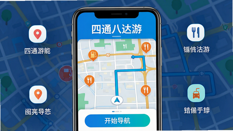 主体:智能手机屏幕展示四通八达游导航界面,背景为城市地图,路线清晰显示。布局:手机居中,屏幕内容可见,周围有简洁的图标和文字说明。排版:信息层级分明,突出“四通八达游”名称和核心导航功能。风格:现代扁平化设计,色彩明快,科技感强。细节:地图上标注加油站、餐厅等图标,界面有“开始导航”按钮。画质:高清渲染,干净无多余元素。