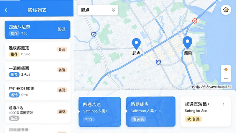 主体:四通八达游应用界面展示路线对比功能,左侧为路线列表,右侧为地图。布局:上下结构,上方为地图,下方为路线卡片。排版:路线信息以卡片形式排列,清晰易读。风格:简洁明快,蓝色主色调。细节:卡片上显示“推荐”“备选”标签,地图上有起点和终点标记。画质:高清,无多余元素。