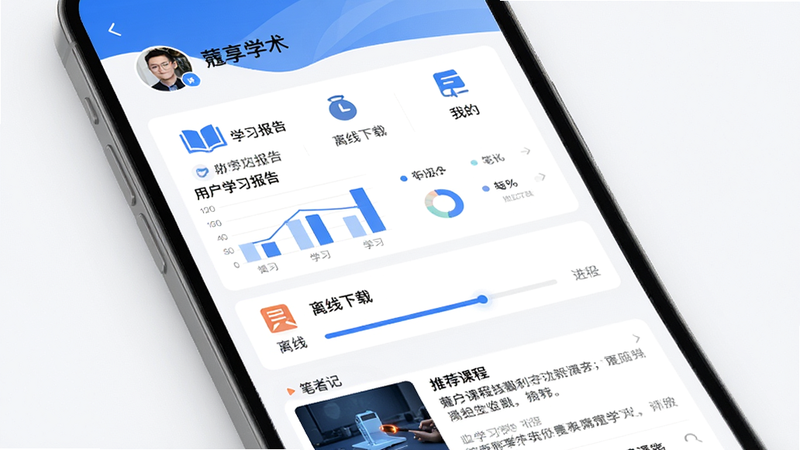 ���壺ޢ��ѧ��App�ġ��ҵġ�ҳ�棬��ʾ�û�ѧϰ���桢�������ء��ʼǵȹ��ܵ���ڡ����֣�ҳ�涥��Ϊͷ����ǳƣ��в�Ϊ�����б����ײ�Ϊ�Ƽ��γ̿�Ƭ���Ű棺�б�ʽ���֣�ͼ��+���������׶�����񣺼�Լ����磬�԰�ɫ����ɫΪ��ɫ����ϸ�ڣ�ѧϰ������ͼ����ʽչʾ�����������н��������ʼ��б���ʾժҪ�����ʣ�������Ⱦ���ɾ����޶���Ԫ�ء�