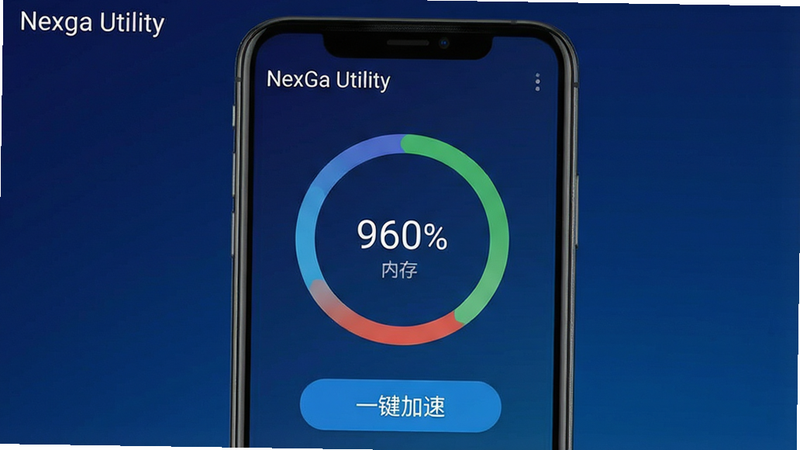 一幅展示Nexga Utility内存加速功能的界面截图,前景是模拟手机屏幕,屏幕上显示内存占用率环形图,下方有“一键加速”按钮,背景为深蓝色渐变,界面风格简洁,文字标签为“Nexga Utility”,画质清晰,干净,无多余元素。