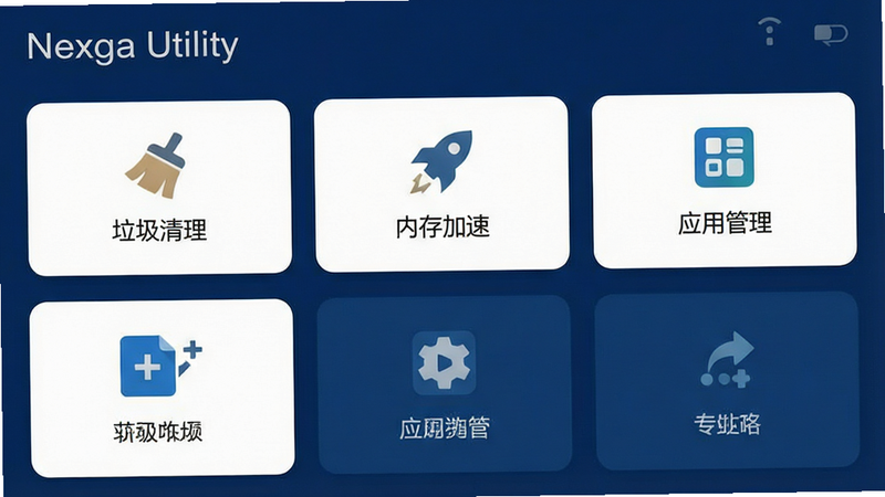 一张智能手机屏幕显示Nexga Utility主界面的高清截图,界面以深蓝色为主色调,功能图标排列整齐,包含“垃圾清理”、“内存加速”、“应用管理”等模块,整体风格简洁现代,布局清晰,文字标签为“Nexga Utility”,画质清晰,干净,无多余元素。
