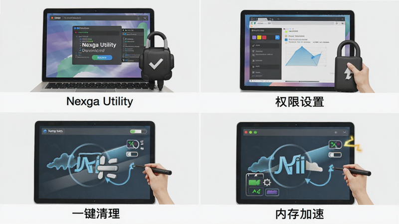 一幅展示Nexga Utility使用教程的步骤图,画面分为四格,分别展示下载安装、权限设置、一键清理、内存加速四个步骤,每格下方有简短文字说明,整体风格简洁,文字标签为“Nexga Utility”,画质清晰,干净,无多余元素。