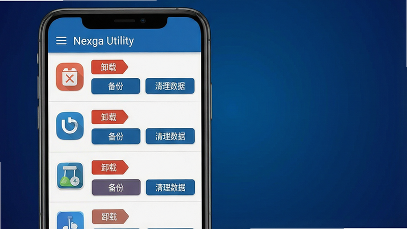 一幅展示Nexga Utility应用管理功能的界面截图,前景是模拟手机屏幕,屏幕上显示应用列表,每个应用旁有“卸载”、“备份”、“清理数据”按钮,背景为深蓝色渐变,界面风格简洁,文字标签为“Nexga Utility”,画质清晰,干净,无多余元素。