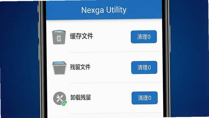一幅展示Nexga Utility垃圾清理功能的界面截图,前景是模拟手机屏幕,屏幕上显示扫描出的垃圾文件列表,包括“缓存文件”、“残留文件”、“卸载残留”等分类,每个分类旁有清理按钮,背景为深蓝色渐变,界面风格简洁,文字标签为“Nexga Utility”,画质清晰,干净,无多余元素。