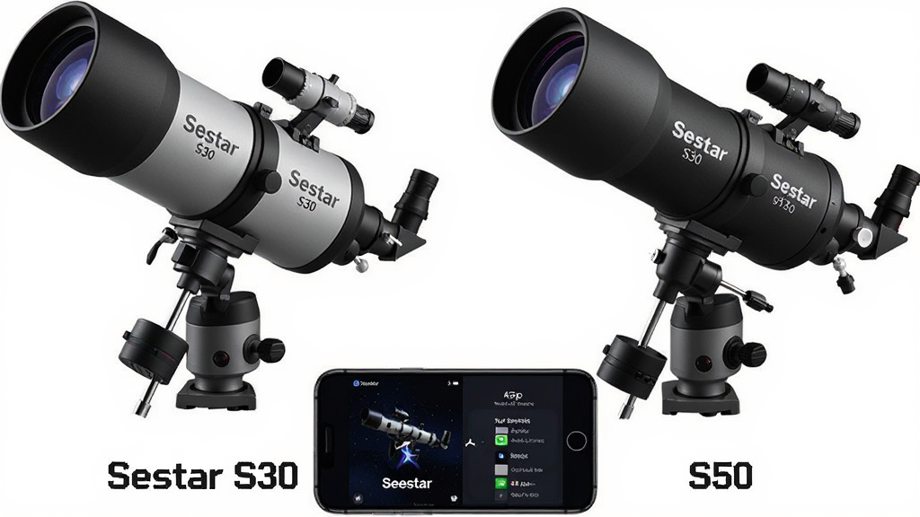 主体:Seestar S30和S50望远镜并排展示,旁边是手机App对比界面。布局:两款望远镜左右对称,手机在下方。排版:产品名称标注在各自产品下方。风格:产品展示风,白色背景。细节:产品型号清晰可见,手机屏幕显示“Seestar”字样。画质:超清,无阴影,无多余元素。