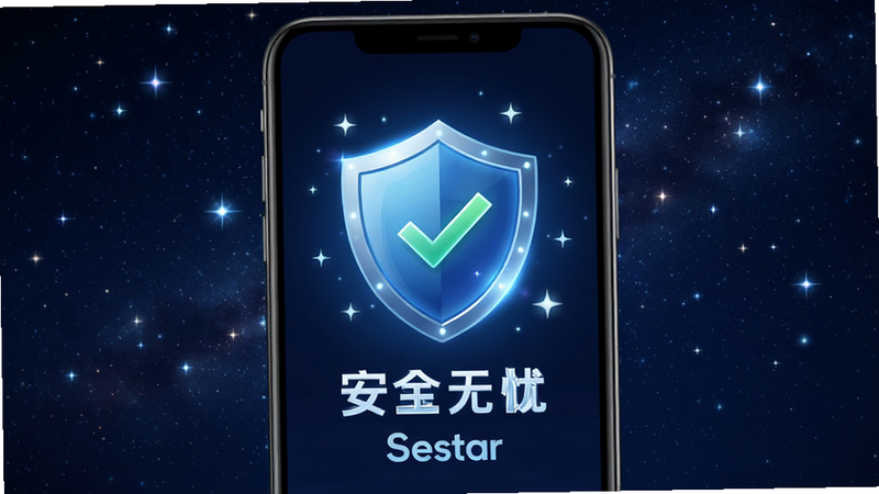 主体:手机屏幕显示安全提示界面,背景是星空,有一个盾牌图标。布局:盾牌居中,周围有星星。排版:简洁,文字“安全无忧”和“Seestar”字样。风格:安全科技风。细节:盾牌上有一个对勾。画质:高清,明亮,无多余元素。