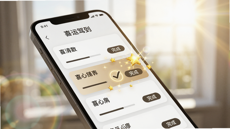 主体:手机屏幕特写,显示“喜运驾到”的心愿清单页面,页面上有数个心愿卡片,其中一个被勾选并带有金色星星特效。布局:手机斜放,背景是模糊的明亮窗户和阳光。排版:心愿列表以垂直排列,每个卡片有标题、进度条和完成按钮。风格:现代简约,带有轻奢质感,背景有光晕效果。画质:高清渲染,干净,无多余元素。