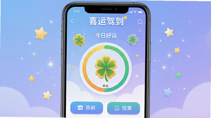 主体:一个智能手机屏幕特写,屏幕中显示“喜运驾到”应用的首页界面,界面风格清新明亮,有金色的幸运四叶草图标和“今日好运”字样。布局:手机居中,背景为柔和的渐变蓝紫色,四周有星星和光点装饰。排版:界面UI元素整齐排列,上方为应用名称,中间为幸运指数圆环,下方为功能按钮。风格:扁平化插画风格,色彩明快,细节丰富。画质:高清渲染,干净,无多余元素。