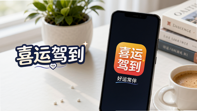 主体:一部安卓手机在桌面上显示“喜运驾到”应用图标,背景是绿植和书本,旁边有一杯咖啡。布局:手机位于右侧,左侧留白有“喜运驾到”的艺术字。排版:图标醒目,下方有“好运常伴”的标语。风格:生活化摄影风格,光线柔和。画质:高清明亮,干净,无多余元素。