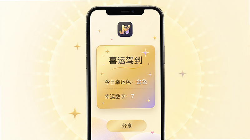 主体:手机屏幕显示“喜运驾到”的每日运势卡片,卡片上写有“今日幸运色:金色”和“幸运数字:7”。布局:手机竖屏居中,背景是淡黄色的柔和光晕。排版:卡片位于屏幕中央,上方有应用logo,下方有分享按钮。风格:轻奢渐变风格,细节有星星点缀。画质:高清,干净,无多余元素。
