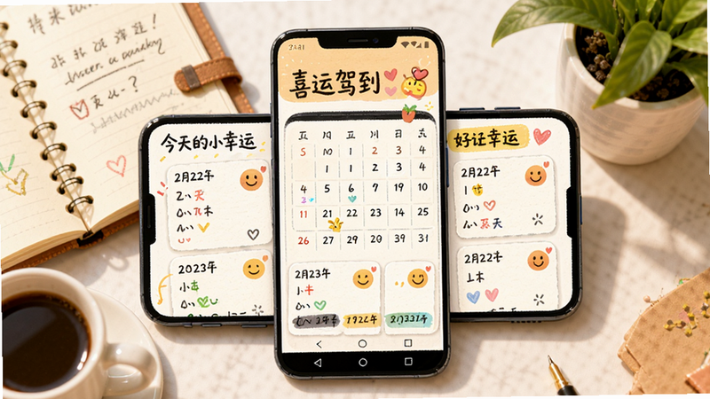 主体:一部安卓手机横屏展示“喜运驾到”的好运日记界面,屏幕中有日历网格和彩色标签,上面写着“今天的小幸运”。布局:手机位于画面中央,周围有记事本、咖啡杯和绿植等温馨元素。排版:界面以卡片形式排列日记条目,每个卡片有日期和心情表情。风格:手绘清新风格,暖色调,细节丰富。画质:高清,干净,无多余元素。