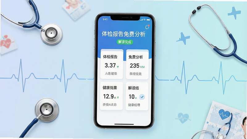 主体:智能手机屏幕展示体检报告免费分析软件的解读界面,界面清晰显示各项健康指标和解读结果。布局:手机位于画面中央,背景为柔和的渐变色,周围点缀着听诊器、心电图线条等医疗元素。排版:手机屏幕内的界面设计简洁,以卡片形式呈现数据,主次分明。风格:现代科技感与医疗专业感结合,色调以蓝白为主,干净清爽。细节:屏幕内显示“体检报告免费分析”字样,并伴有“解读完成”的绿色提示标签。画质:8k,超高清,干净,无多余元素。