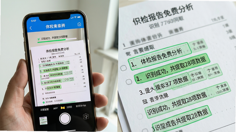主体:一部手机正在拍摄一张体检报告单,屏幕上显示识别进度条。布局:左侧为手机拍摄画面,右侧为报告单特写,画面分割清晰。排版:突出手机屏幕中的“体检报告免费分析”APP界面,识别结果以列表形式逐行高亮显示。风格:写实与科技感结合,光线明亮。细节:报告单上的文字被绿色框线标记,手机界面显示“识别成功,共提取28项数据”。画质:高清,干净,无多余元素。