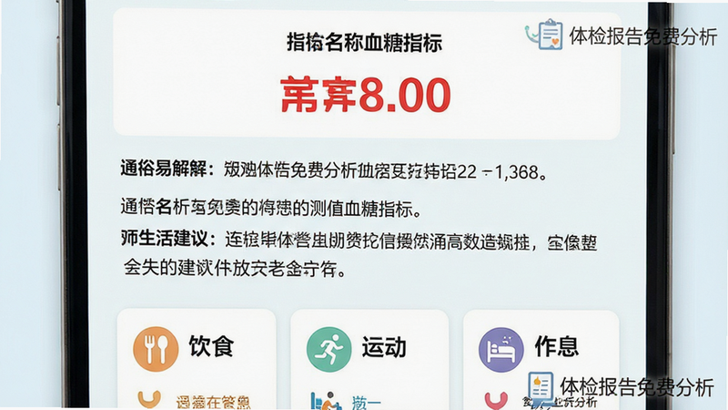主体:体检报告免费分析软件的解读结果页面,展示一个异常的血糖指标。布局:上方为指标名称和数值,中间为通俗易懂的文字解读,下方为生活建议卡片。排版:异常数值用红色醒目标注,解读文字分段落排版,建议卡片用图标区分饮食、运动、作息。风格:医学专业但又不失亲和力,色彩搭配舒适。细节:页面角落有“体检报告免费分析”的水印Logo。画质:细腻,干净,无多余元素。
