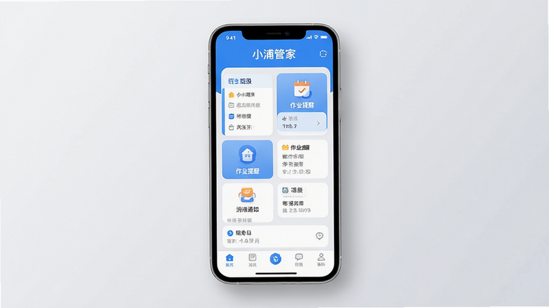 ���壺С�ֹܼ�APP�Ĺٷ�������չʾ���ֻ���Ļ������ʾ�༶�б�����ҵ���ѡ���Ϣ֪ͨ�Ⱥ��Ĺ���ģ�飬������������������ɫ����ɫ�������֣��ֻ����з��ã���Ļ����ռ�Ӿ����壬��Χ���׸ɾ����ײ��������Ӱ���Ű棺��Ļ����Ϣ�㼶����������Ϊ��С�ֹܼҡ�Ʒ�Ʊ�ʶ���в�Ϊ���ܿ�Ƭ���У��ײ�Ϊ������������ִ���ƽ��UI��ƣ�ɫ��������Ȼ�����Ͻ�����Ӧ�����ʡ�ϸ�ڣ���Ļ�ϵ����������ɶ���ͼ��Բ���£�����Ϊǳ��ɫ���䣬���廭��ɾ���������ʣ�4K������Ⱦ����Ӱ��ͣ�ɫ����ʵ���޶���Ԫ�ء�