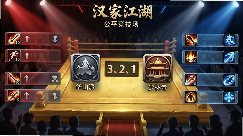 ���壺�����ҽ�������ƽ���������棬������ʾ��������ͼ�꣨�硰��ɽ�ɡ��롰�����¡����ĶԾ��������ǽ�ɫ��̨�����֣��������ҶԳƣ�����ʾ���ѡ�����ѧ���������м��е���ʱ���֡�3��2��1�����Ű棺������죬ͼ��Ϊ�����ʸУ�������Ϊ��͸�������������о۹��Ч������񣺴��е羺����ִ�����ŷ��ϣ���ɫ�Ժ����Կ�ɫΪ����ϸ�ڣ�����ͼ���ϴ�����ȴʱ�����֣���̨��Ե�й�����Ӱ�����ʣ����壬UI�������ɾ��޶���Ԫ�ء�